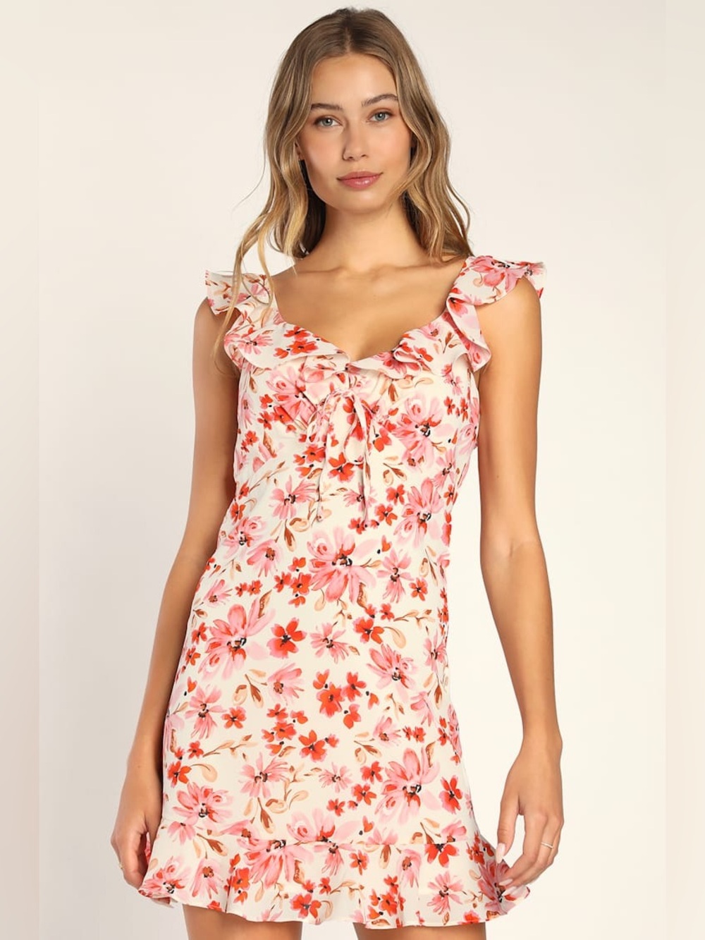 Lulus Posy Picnic Cream Floral Print Ruffled Tie-Back Mini Dress Size Medium